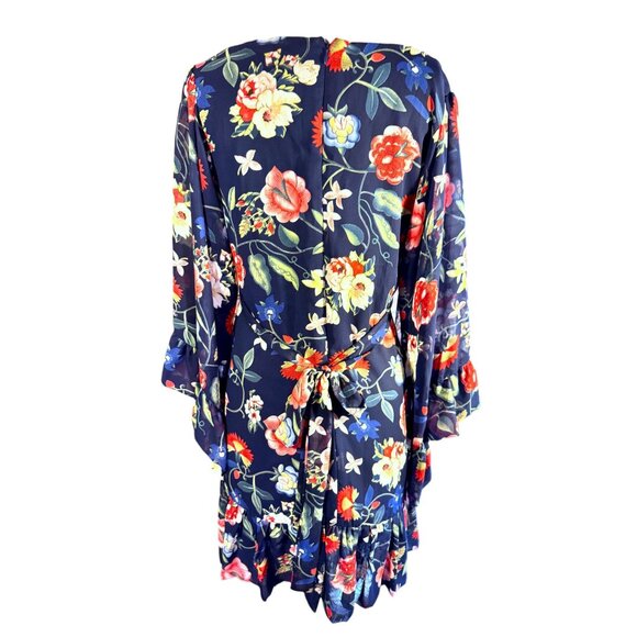 Betsey Johnson Floral Navy Wrap Dress W/ Ruffle Sleeves & Tie Back - Picture 4 of 10
